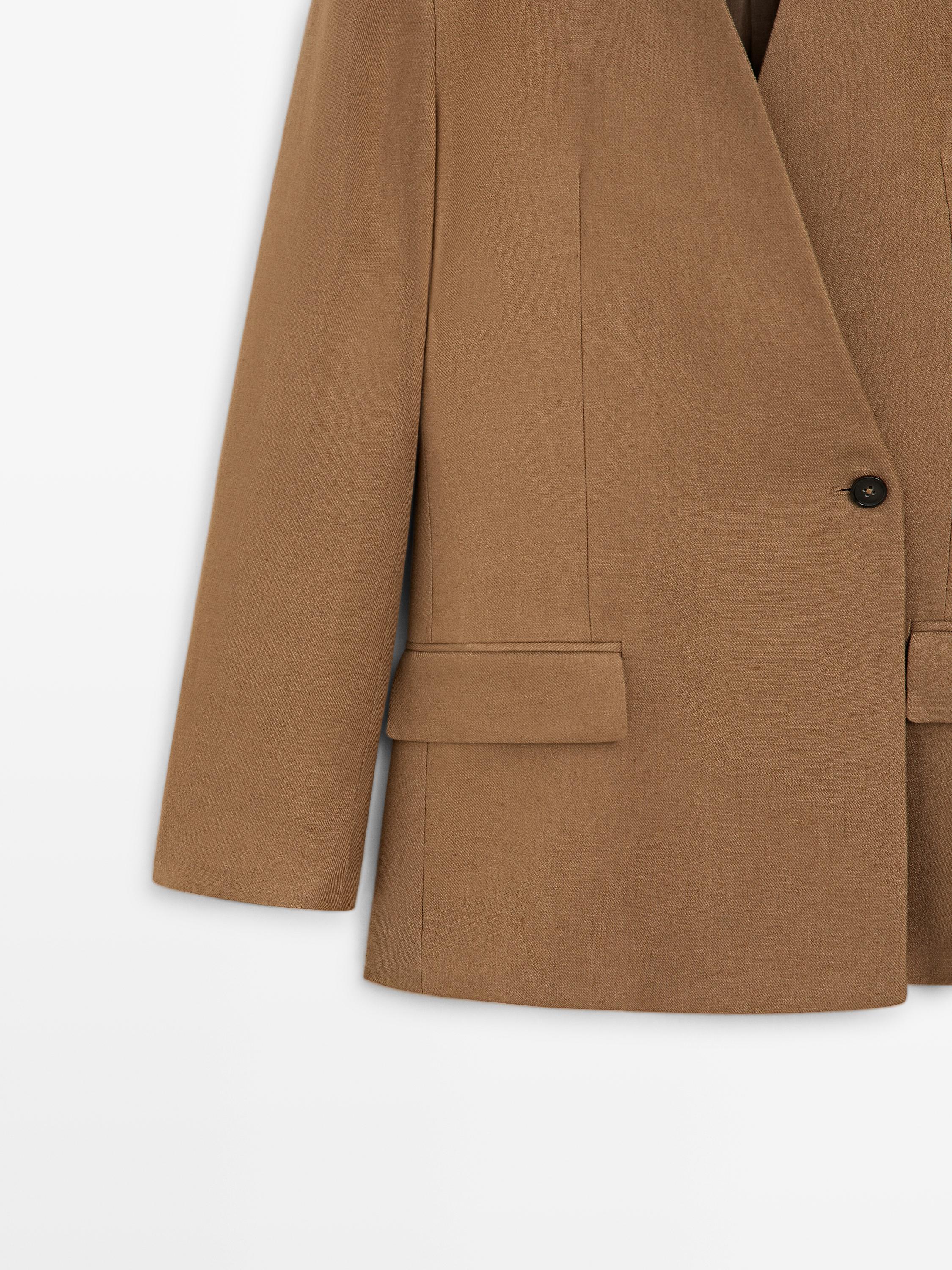 100% linen lapelless double-breasted blazer